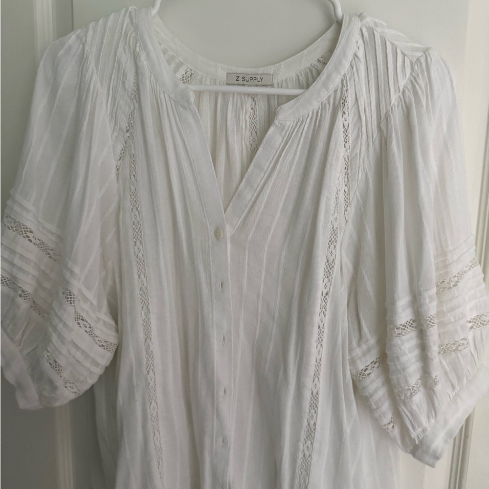 Z Supply White Lace-Trim Pintuck Button Front Top